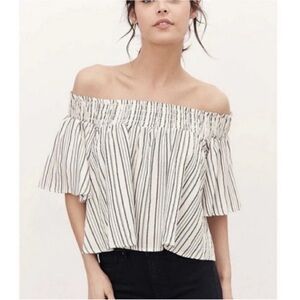 UO Kimchi Gray and White Striped Off-Shoulder Blouse